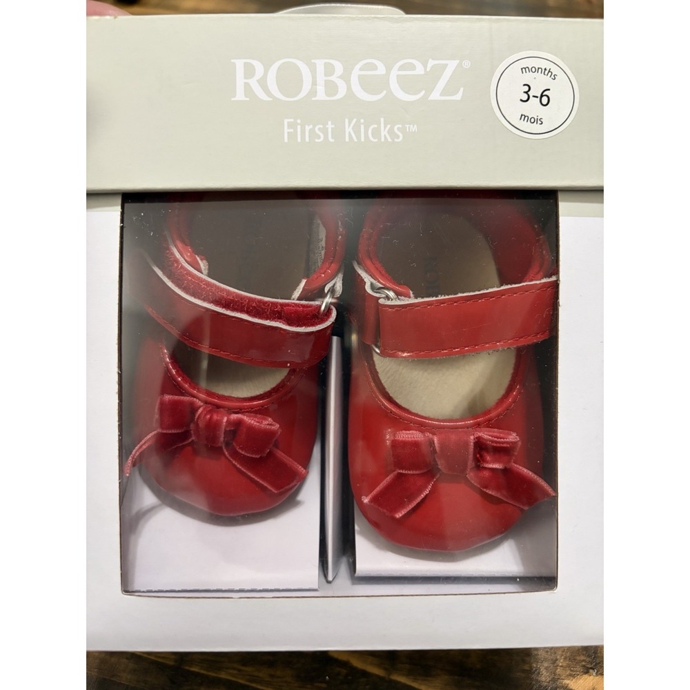 Robeez First Kicks Red Velvet Bow Mary Jane Baby Girl Shoes Size 2 3-6M